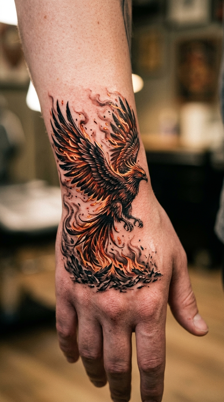 Phönix aus der Asche als Realistic Tattoo für die Hand