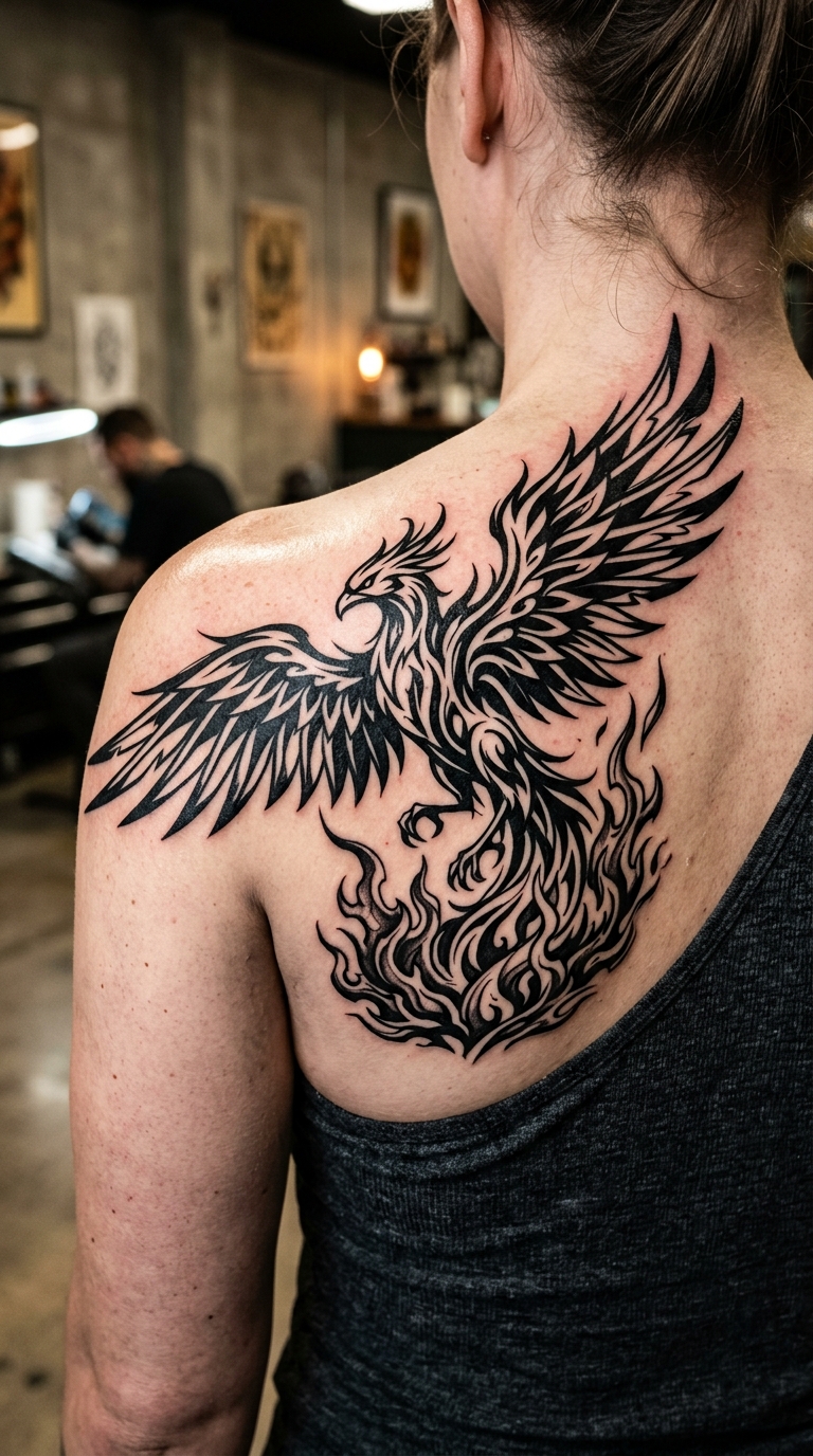 Phönix im Blackwork Stil als Tattoo Vorlage für die Schulter