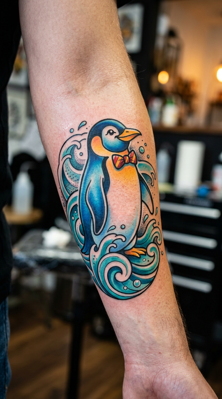 Pinguin als ausgefallenes Tattoo auf dem Unterarm