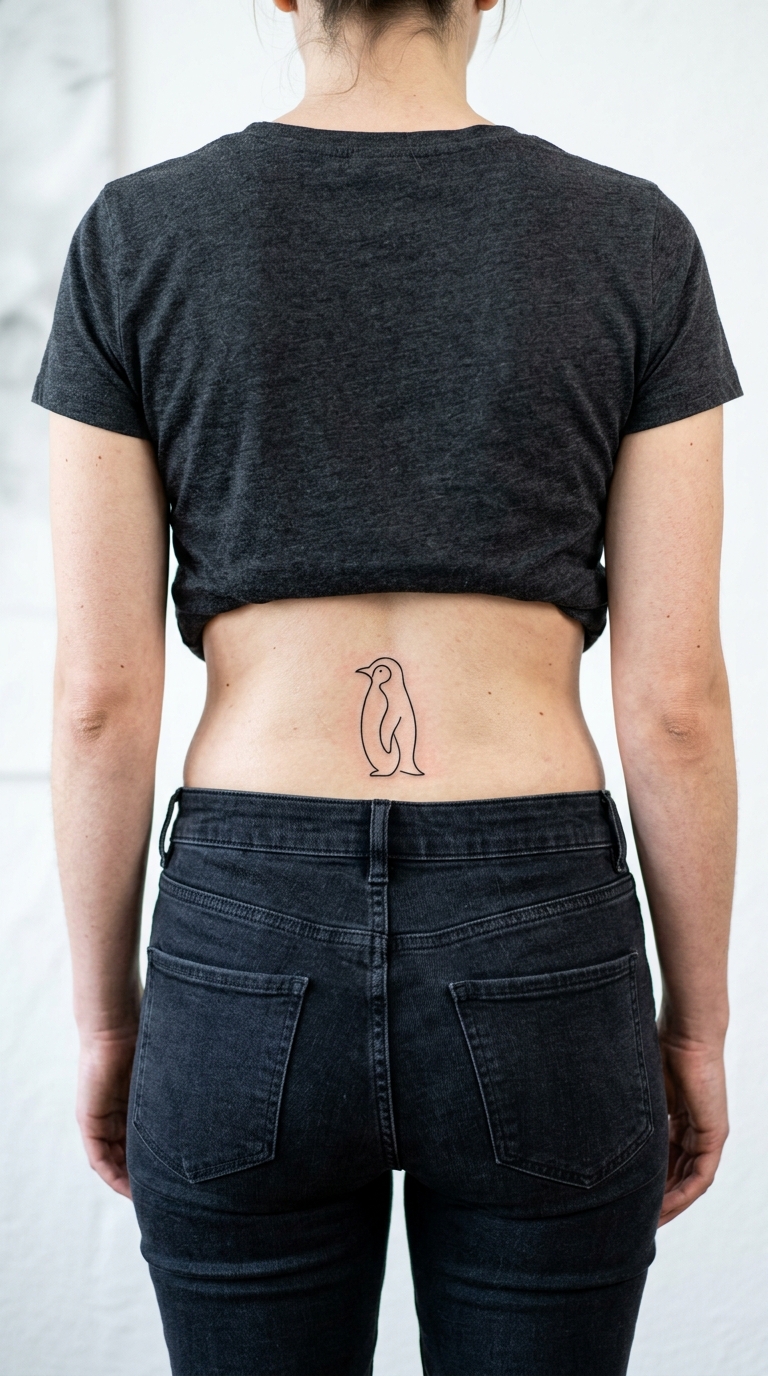 Pinguin als dezentes Fineline Tattoo für das Steißbein