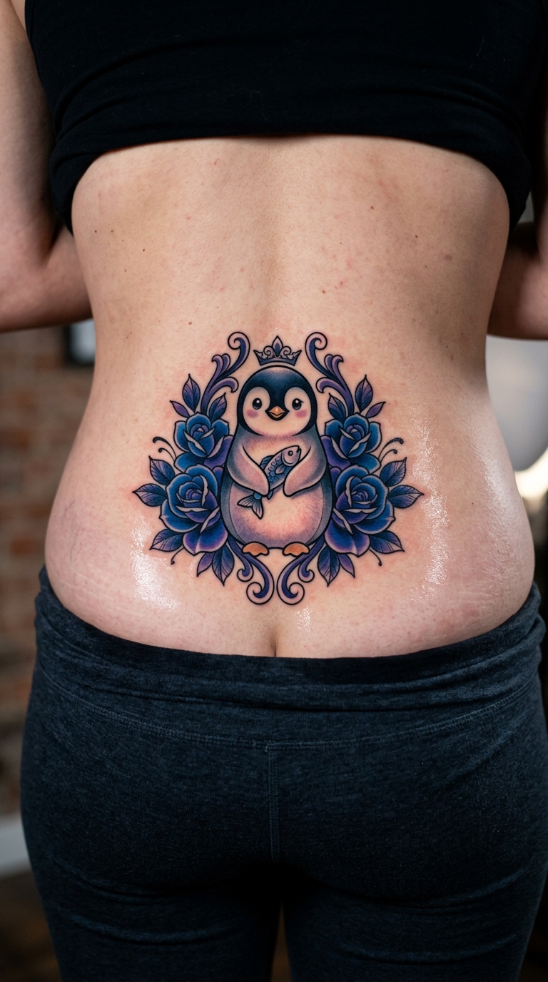 Pinguin als Neo Traditional Tattoo Idee für das Steißbein