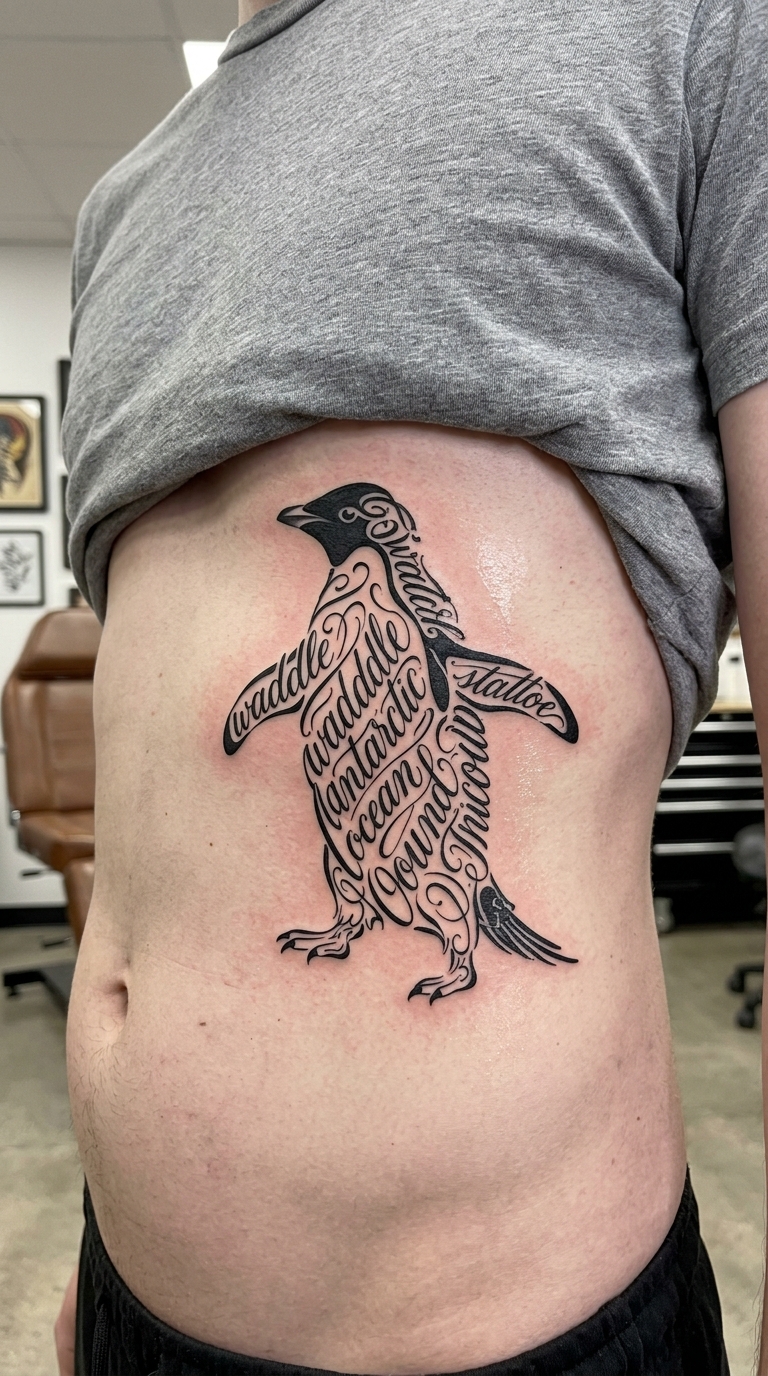 Pinguin als Schrift Tattoo Idee für den Bauch