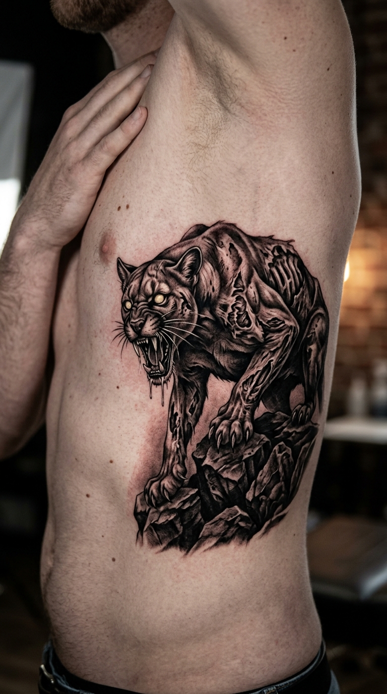 Puma als unheimliches Horror Tattoo auf den Rippen