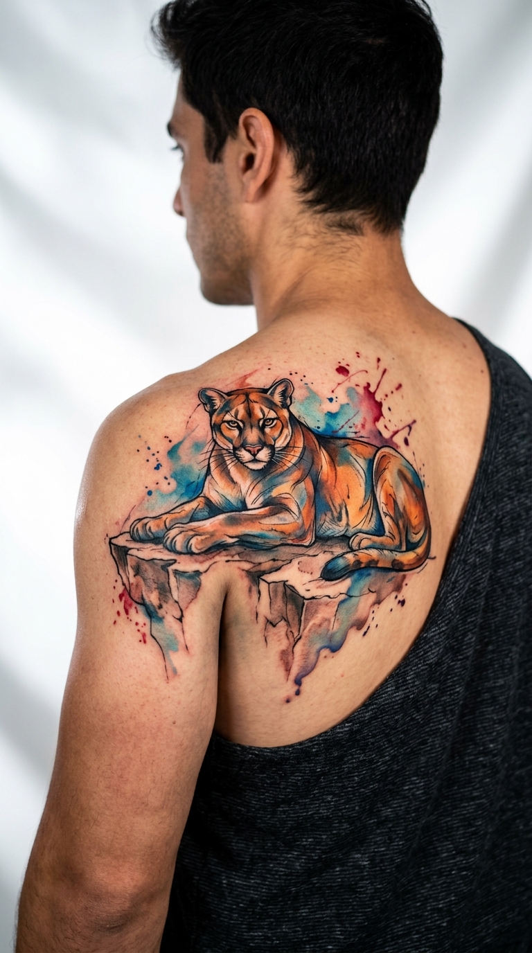 Puma auf Felsen als Aquarell Tattoo für den Kopf
