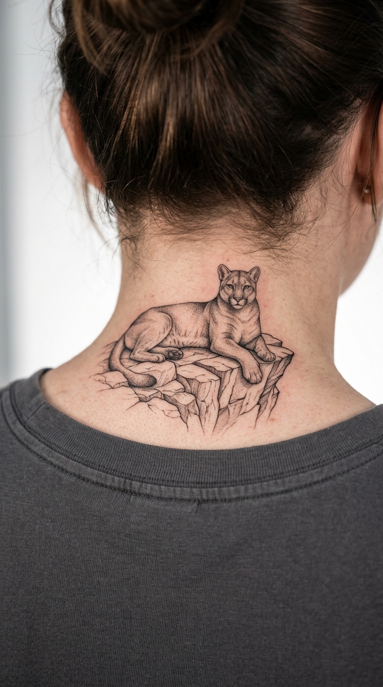 Puma auf Felsen als Fineline Tattoo für den Nacken