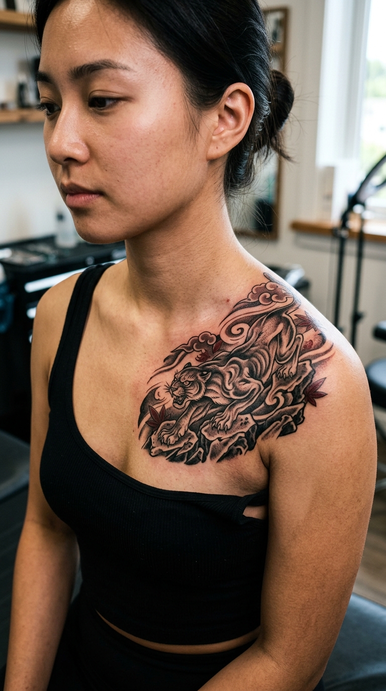 Puma auf steinigem Felsen als japanisches Tattoo für das Schlüsselbein