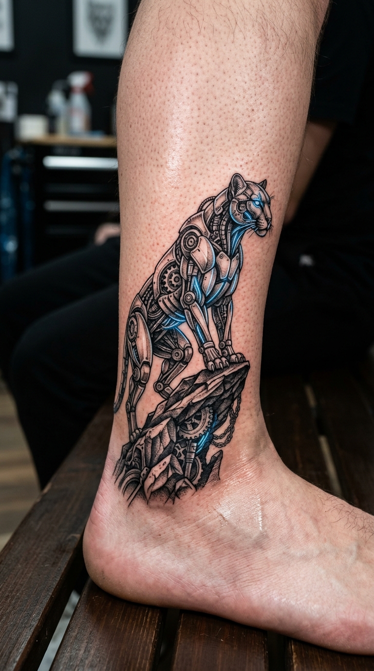 Puma Tattoo Vorlage im biomechanischen Stil für den Knöchel
