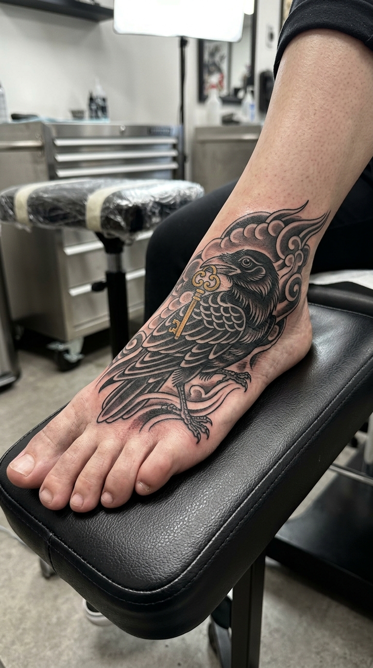 Rabe mit goldenem Schlüssel als japanisches Tattoo für den Fuß