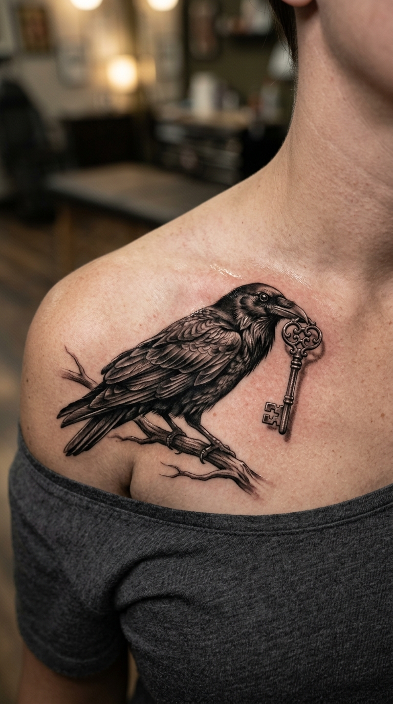 Rabe mit Schlüssel als 3D Tattoo für das Schlüsselbein