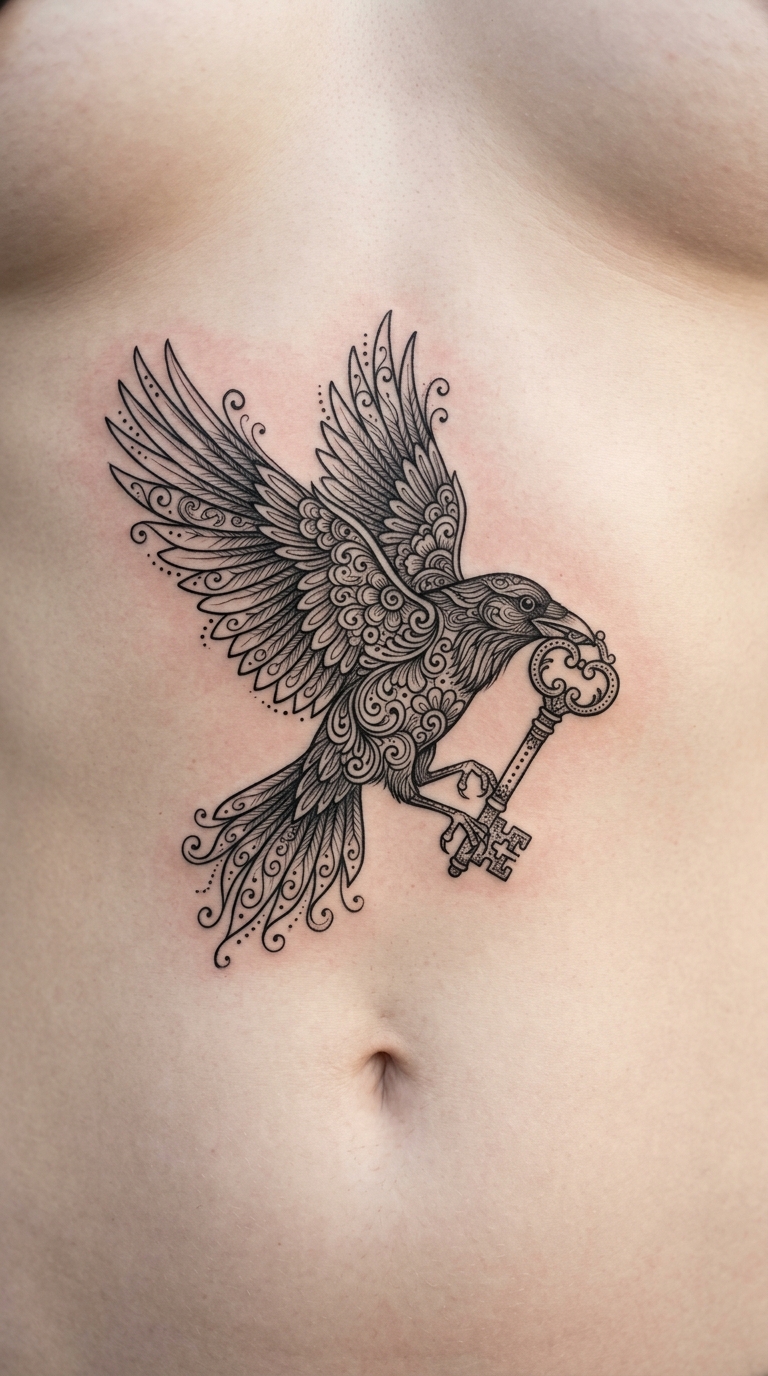 Rabe mit Schlüssel als Henna Tattoo Idee für den Bauch