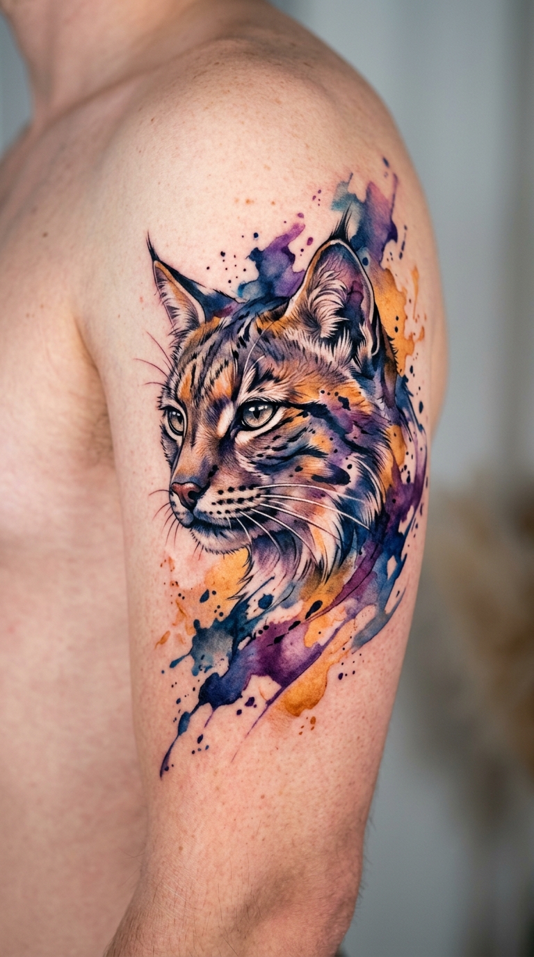 Raubkatze als farbenfrohes Aquarell Tattoo für den Oberarm