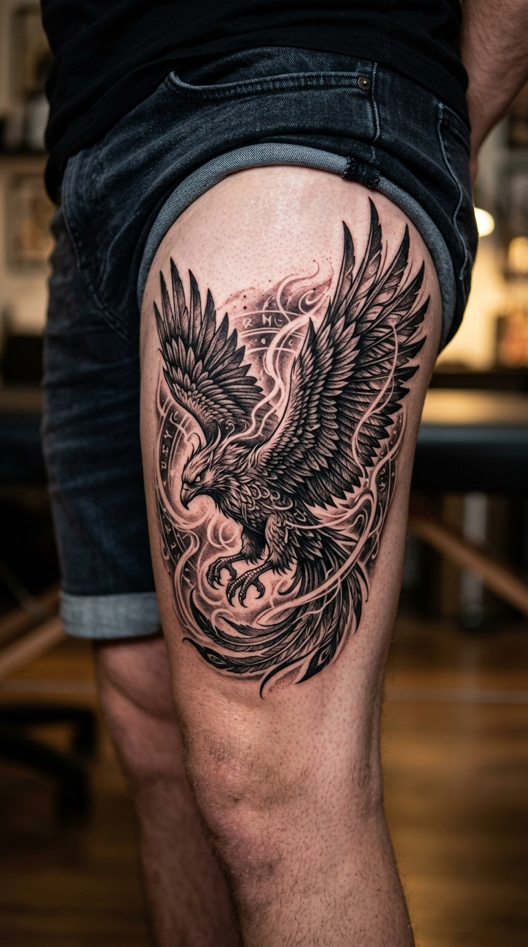 Roc Vogel als mystisches Fantasy Tattoo für den Oberschenkel