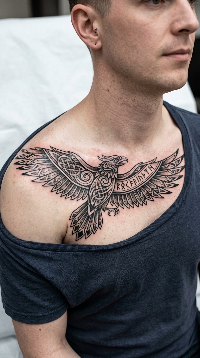 Roc Vogel als Wikinger und Celtic Tattoo für das Schlüsselbein
