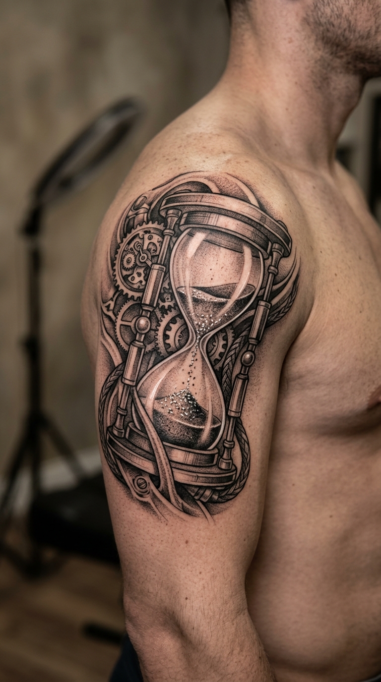 Sanduhr als biomechanisches Tattoo für die Schulter