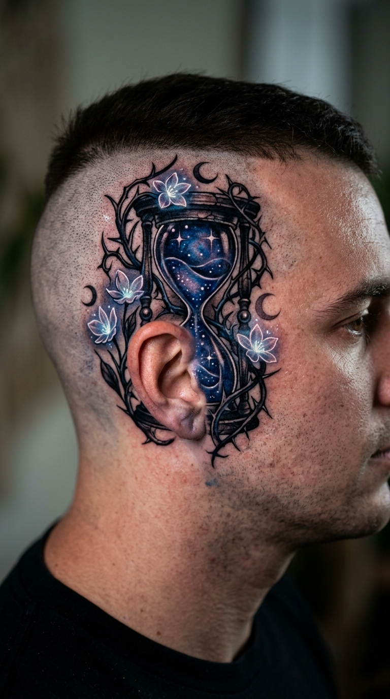 Sanduhr mit Dornenranken als mystisches Fantasy Tattoo für den Kopf