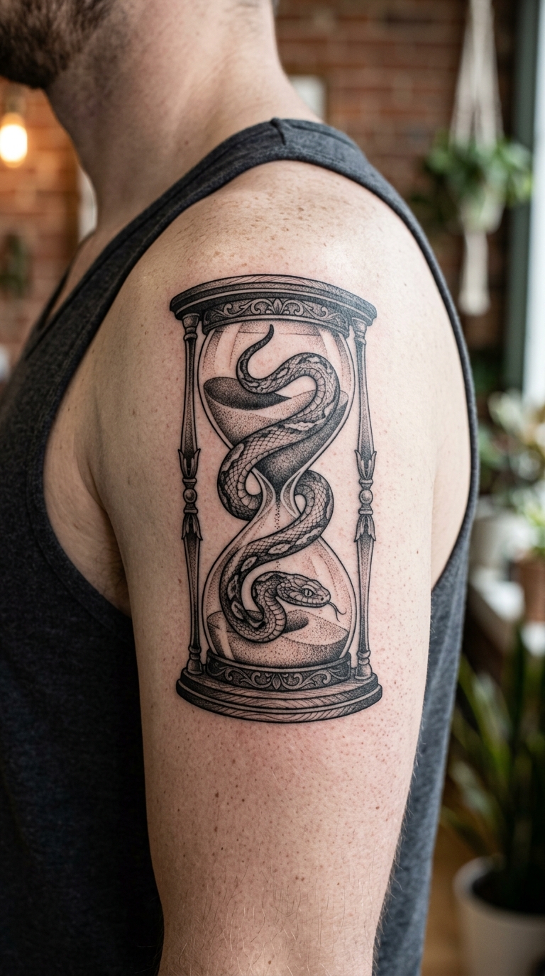 Sanduhr mit Schlange als Tattoo Vorlage für die Schulter