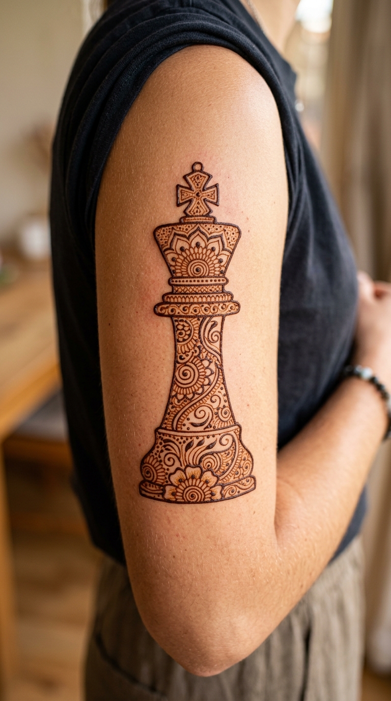 Schachfigur König als filigranes Henna Tattoo für den Arm