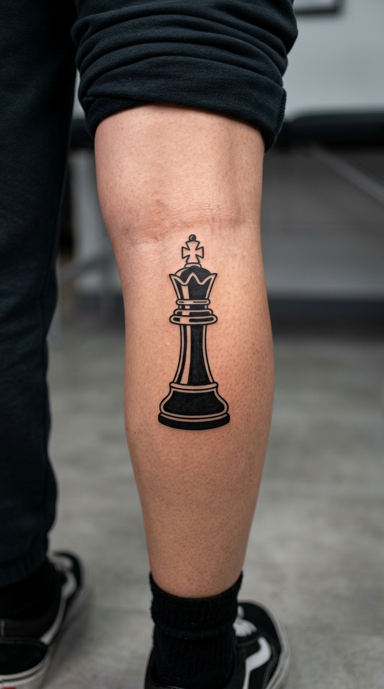 Schachkönig als Blackwork Tattoo für die Kniekehle