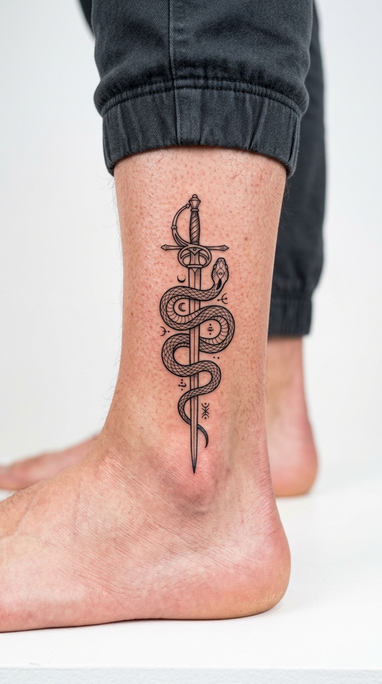 Schlange mit Degen als Zeichen und Symbol Tattoo für den Knöchel