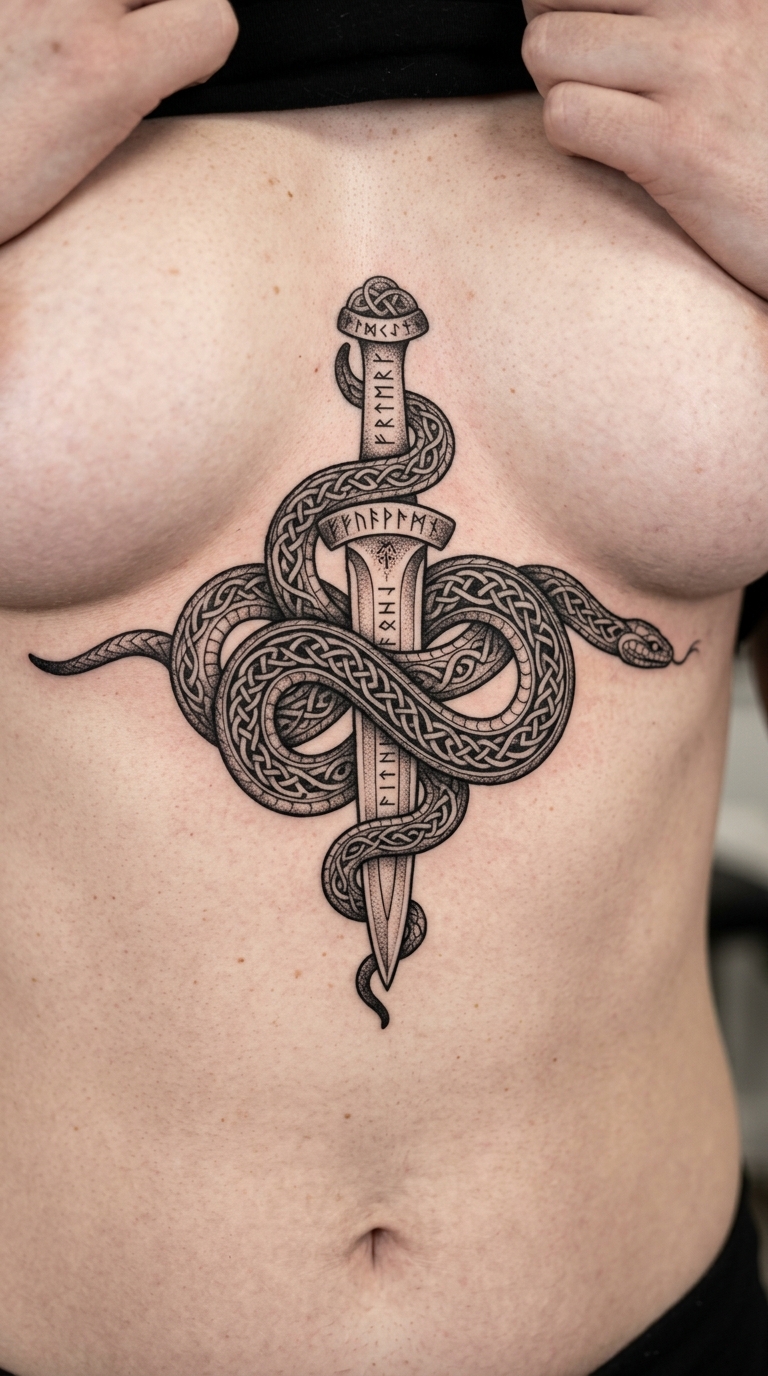 Schlange mit Runenknoten als Wikinger und Celtic Tattoo für den Underboob