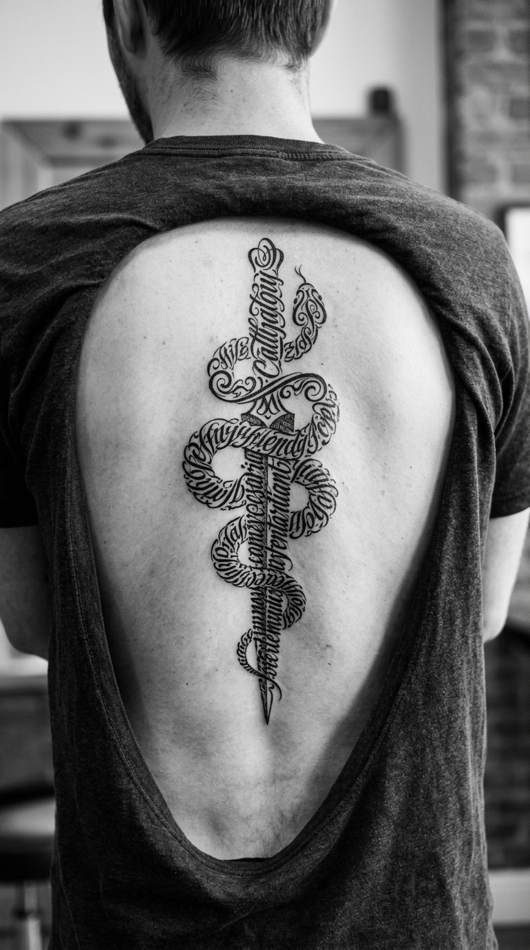 Schlange um einen Degen als Schrift Tattoo Idee für den Rücken