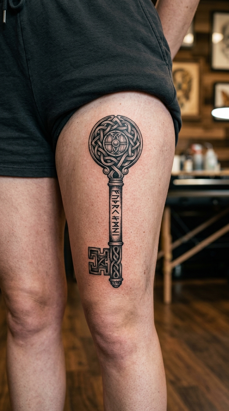Schlüssel mit keltischen Knoten als Wikinger und Celtic Tattoo für den Oberschenkel