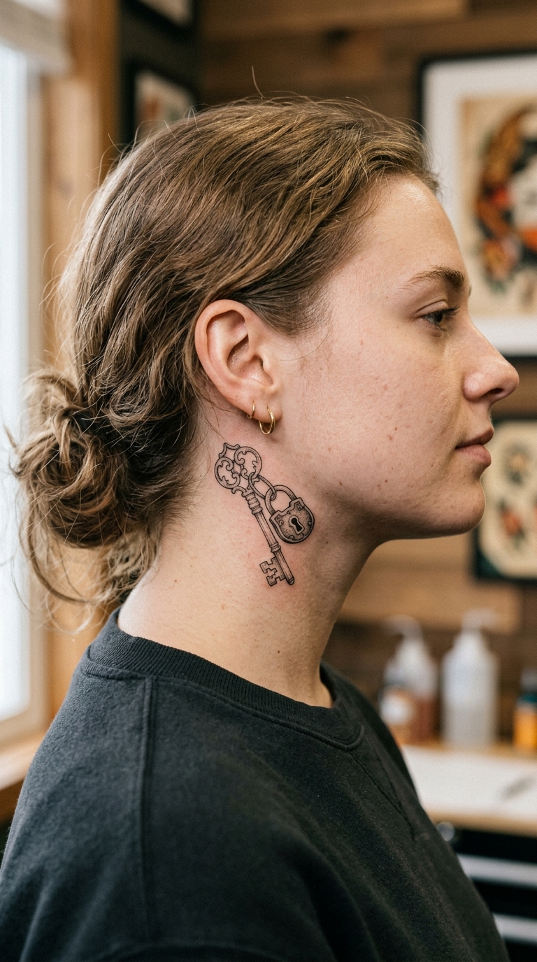 Schlüssel mit Schloss als Fineline Tattoo für den Hals