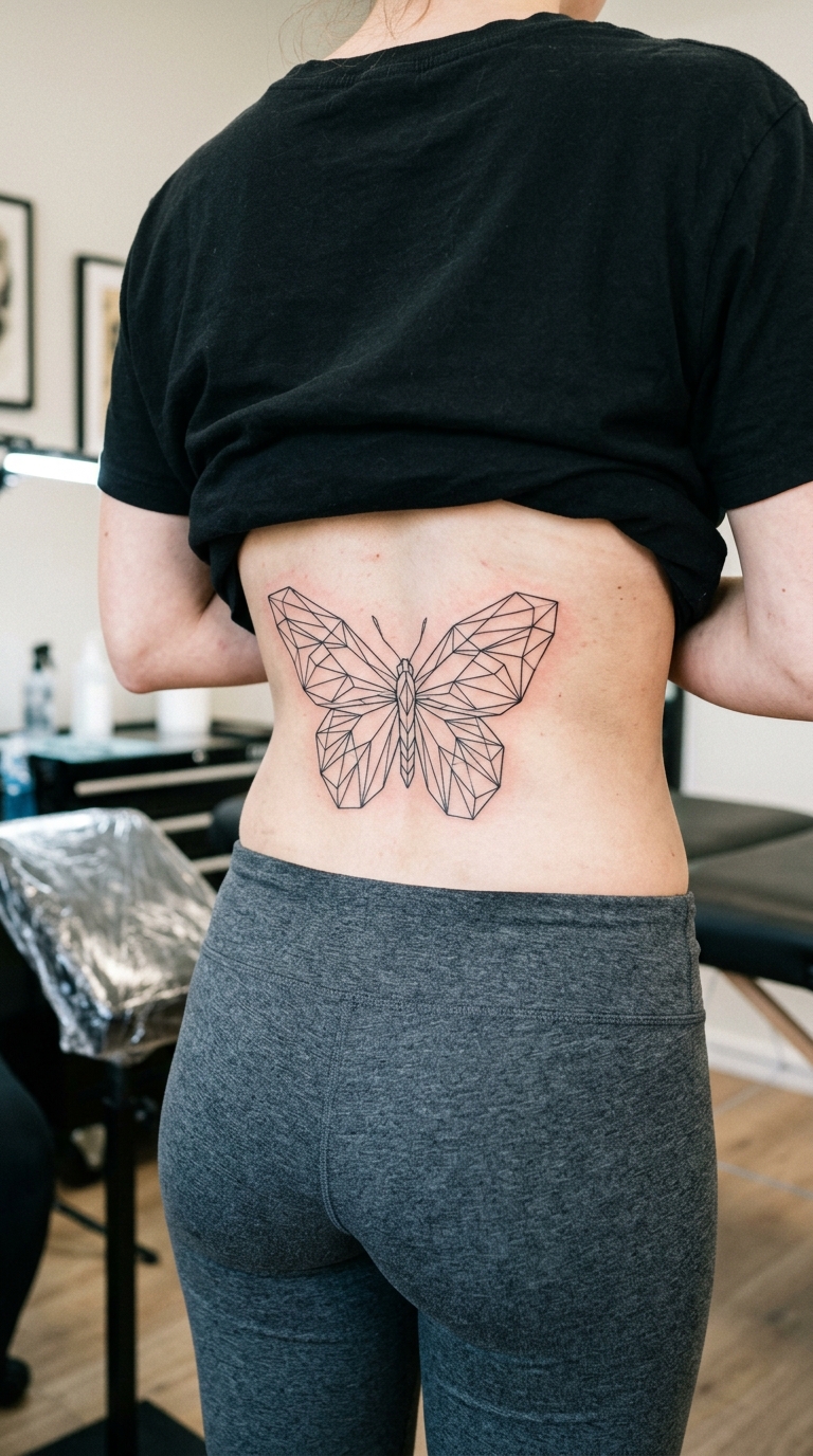 Schmetterling aus geometrischen Formen als Tattoo Idee für das Steißbein