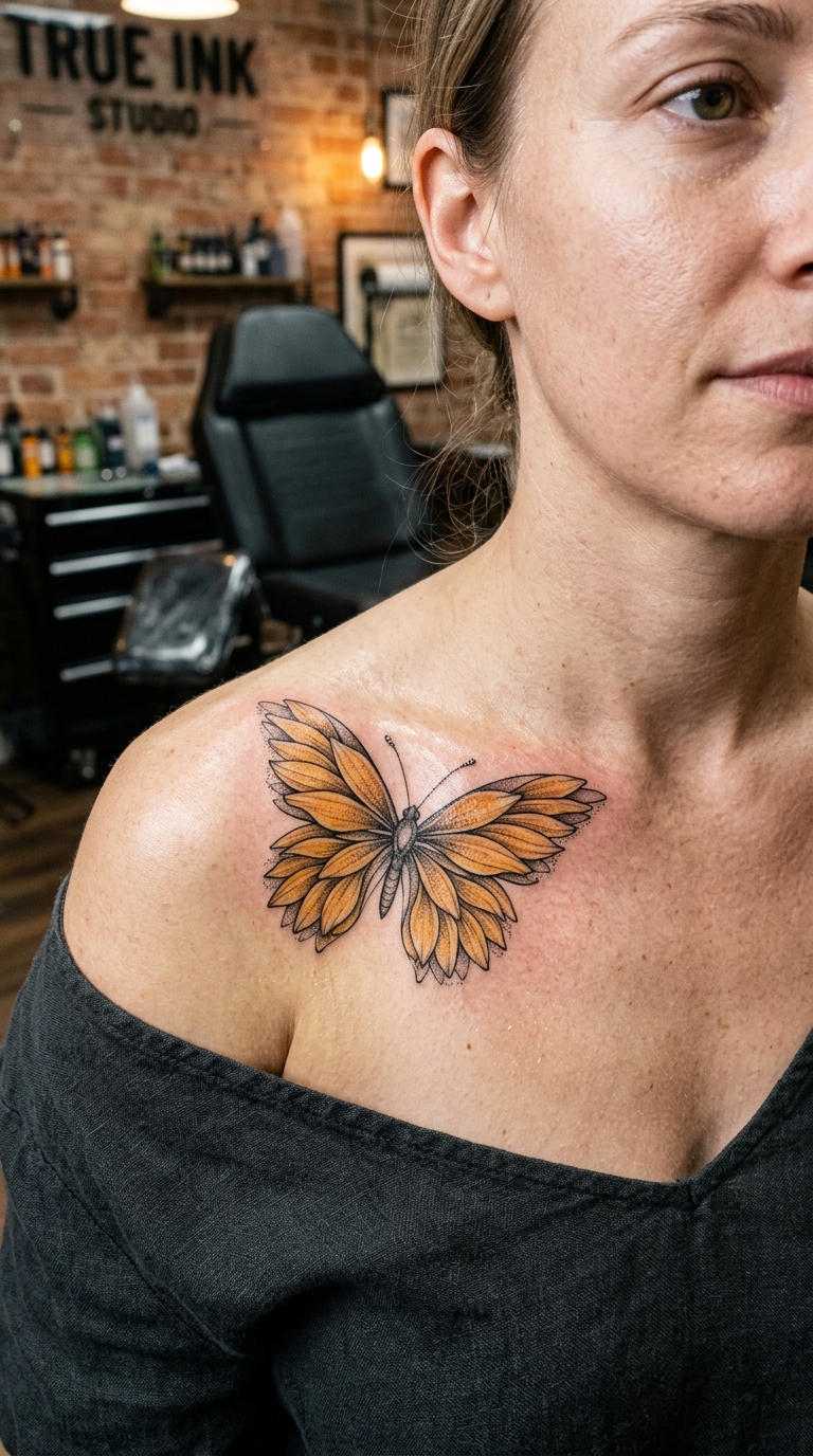 Schmetterling aus Sonnenblumenblüten Tattoo Idee für das Schlüsselbein