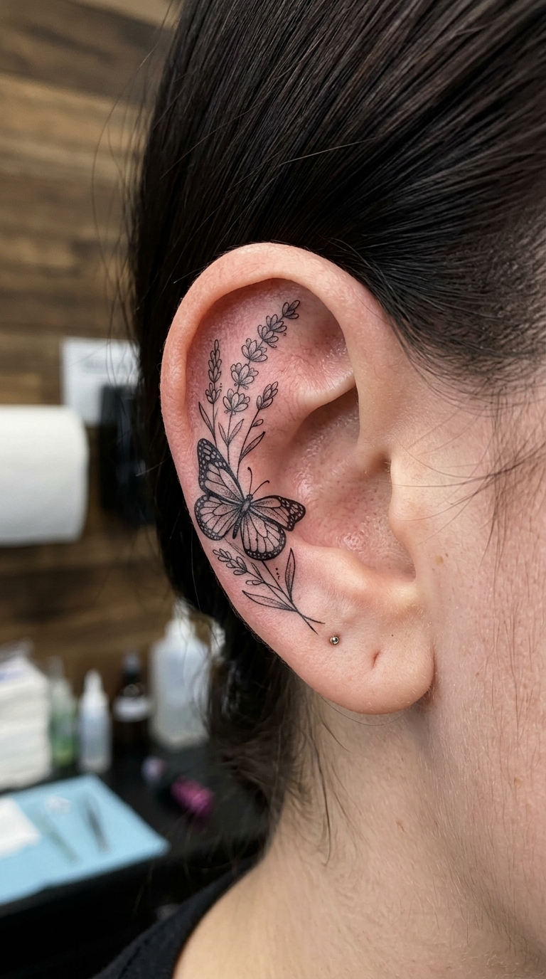 Schmetterling und Lavendel als florale Tattoo Idee für das Ohr