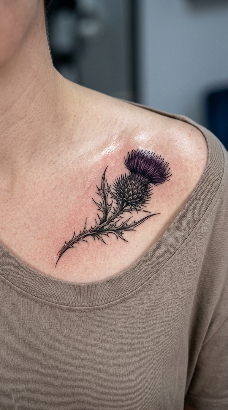 Schottische Distel als Realistic Tattoo für das Schlüsselbein