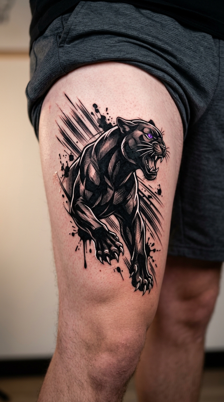 Schwarzer Panther als Manga Tattoo auf dem Bein