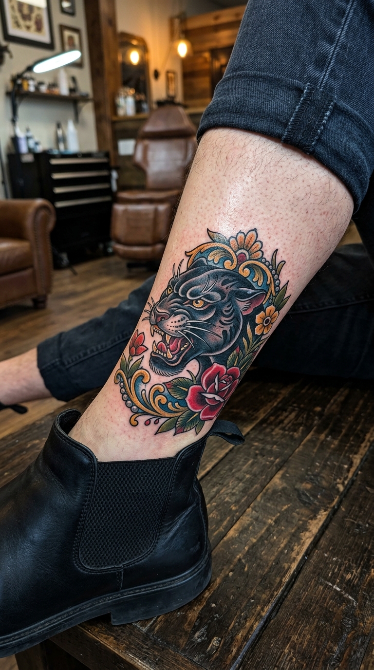 Schwarzer Panther als Neo Traditional Tattoo für den Knöchel