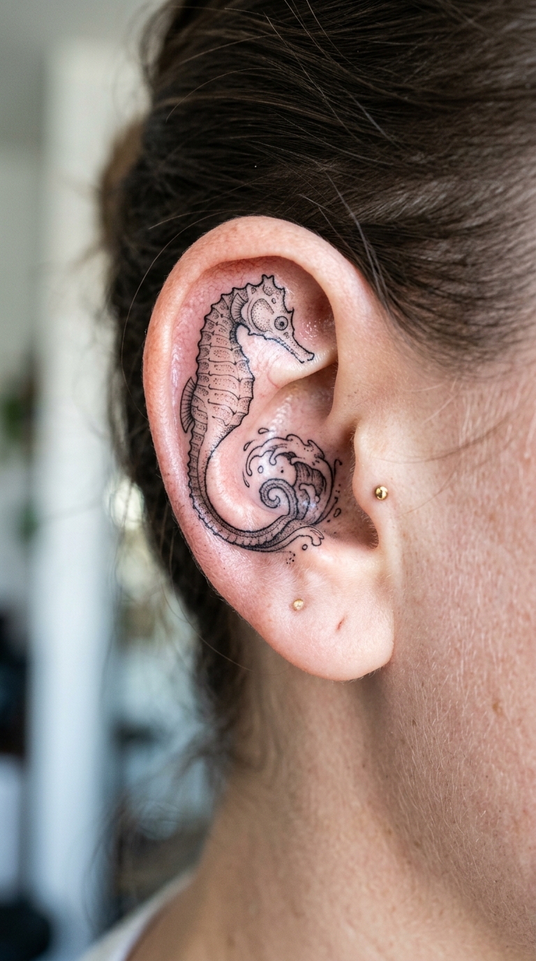 Seepferdchen als minimalistisches Tier Tattoo für das Ohr