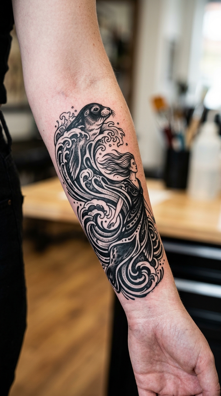 Selkie als Blackwork Tattoo für den Arm