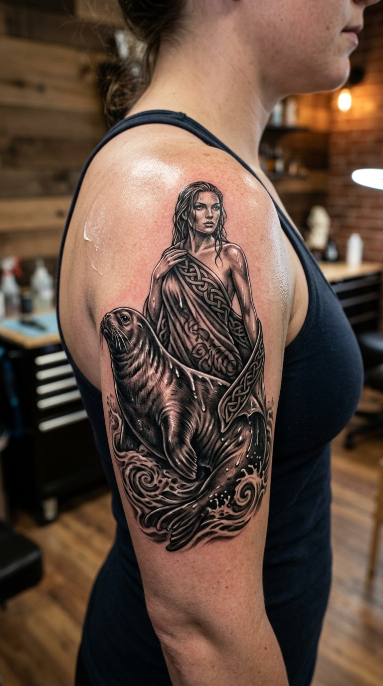Selkie Gestalt in 3D Optik als Tattoo für die Schulter