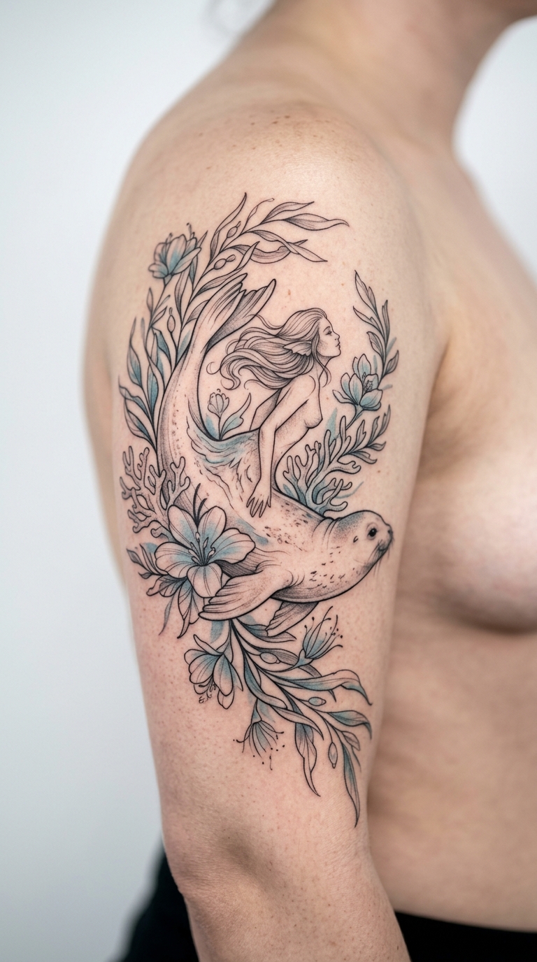 Selkie Tattoo Idee als florale Gestaltung für den Arm