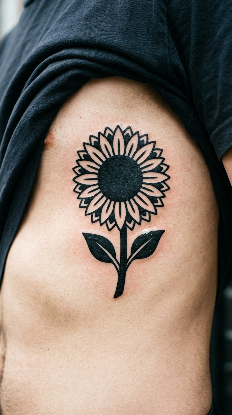 Sonnenblume als Blackwork Tattoo Idee für die Rippen