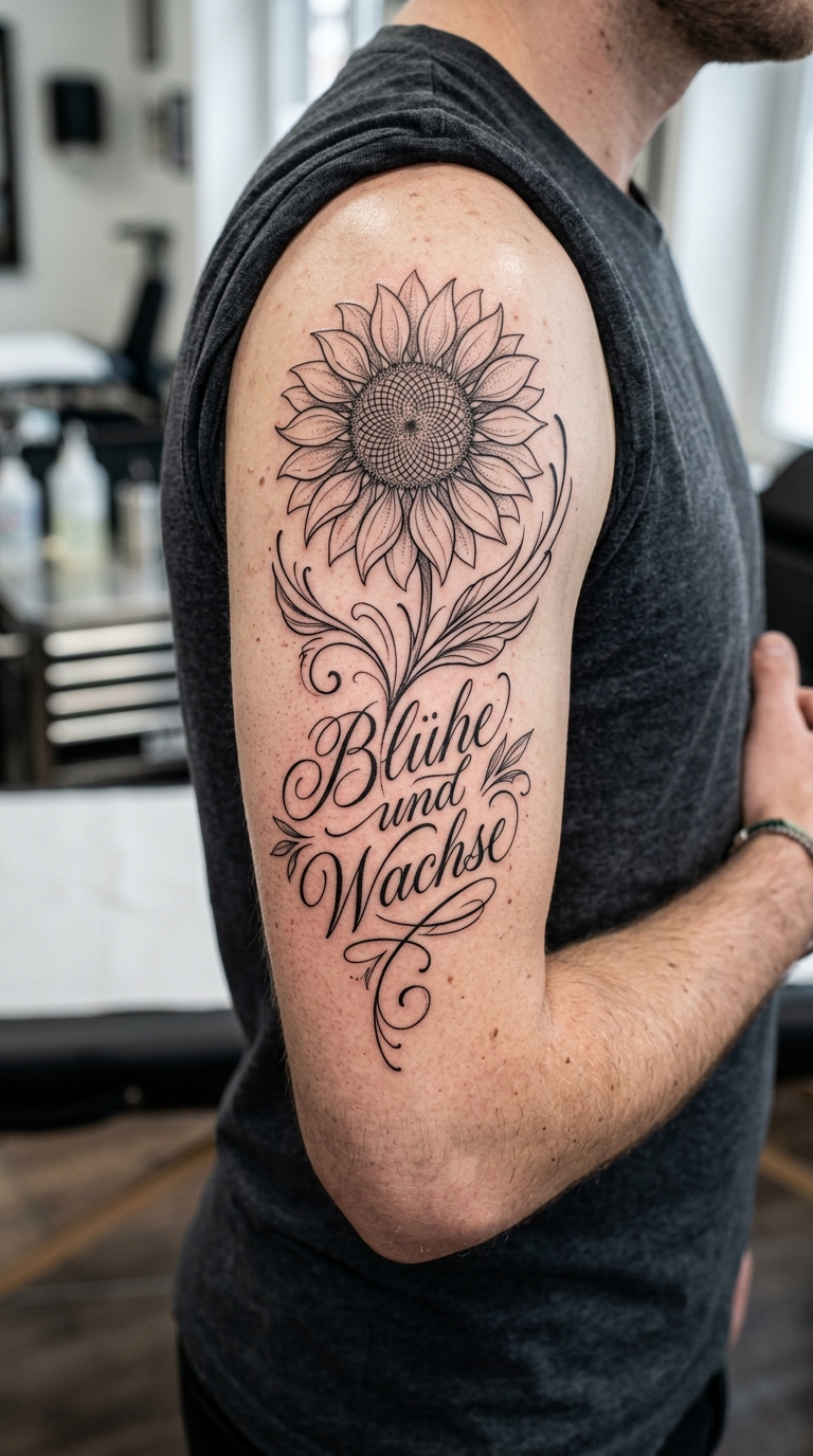 Sonnenblume als fließendes Schrift Tattoo für den Oberarm