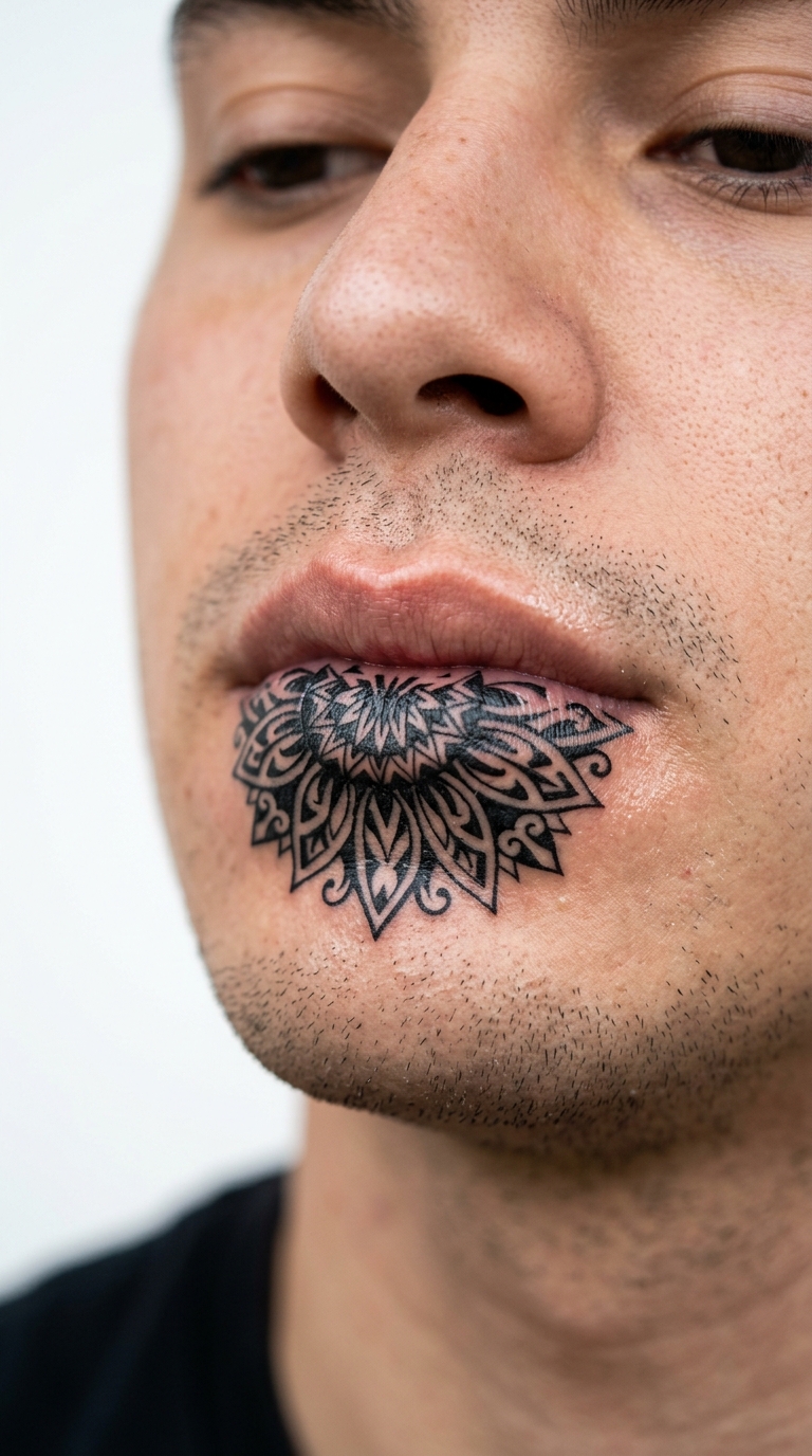 Sonnenblume als Tribal Tattoo für die Unterlippe