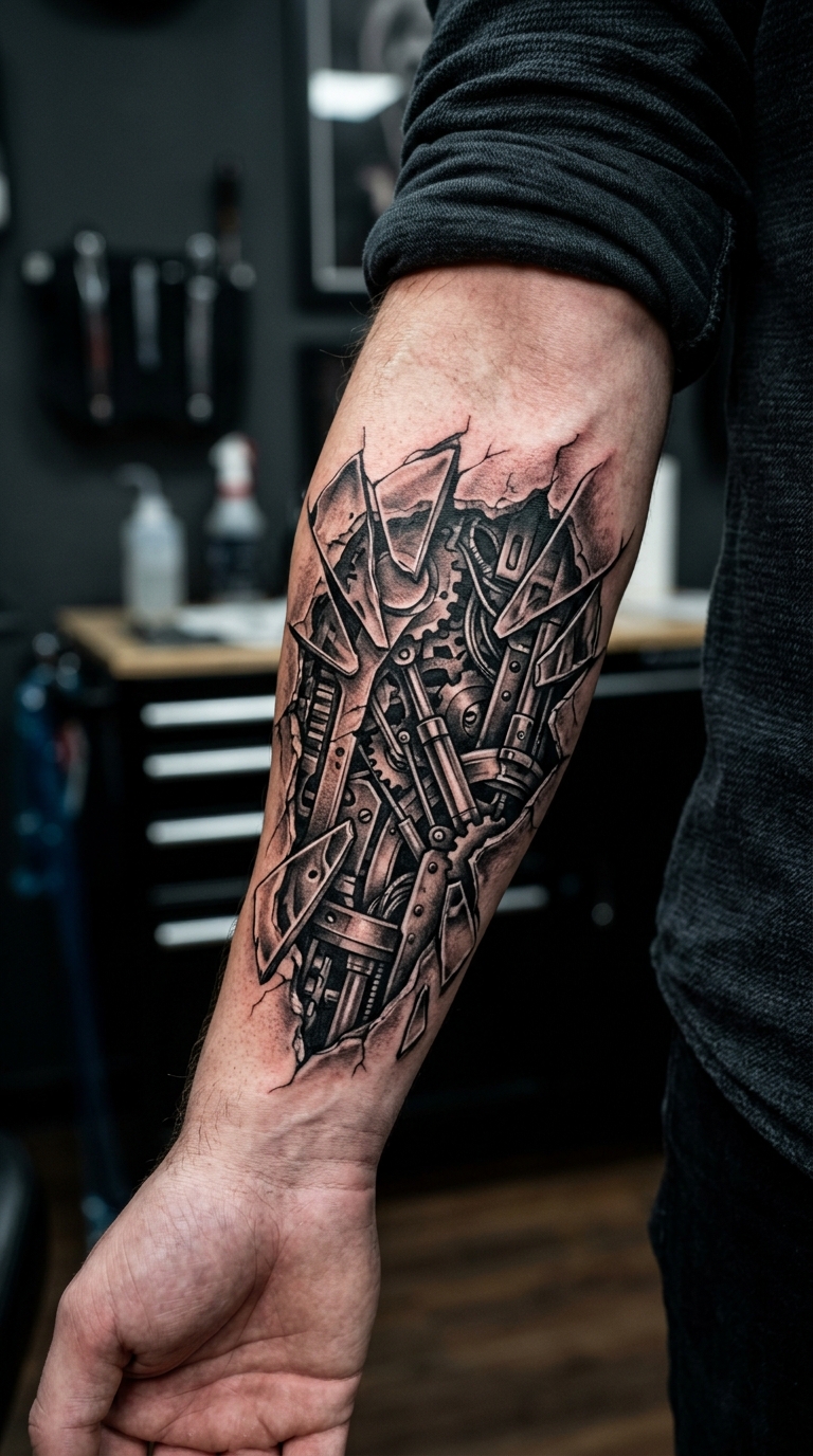 Spiegelscherben als biomechanisches Tattoo für den Arm