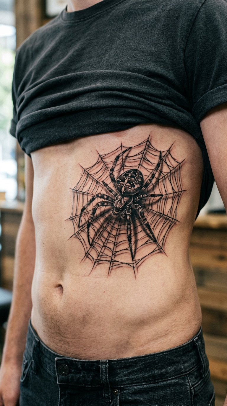Spinne im Netz als 3D Tattoo Idee für den Bauch