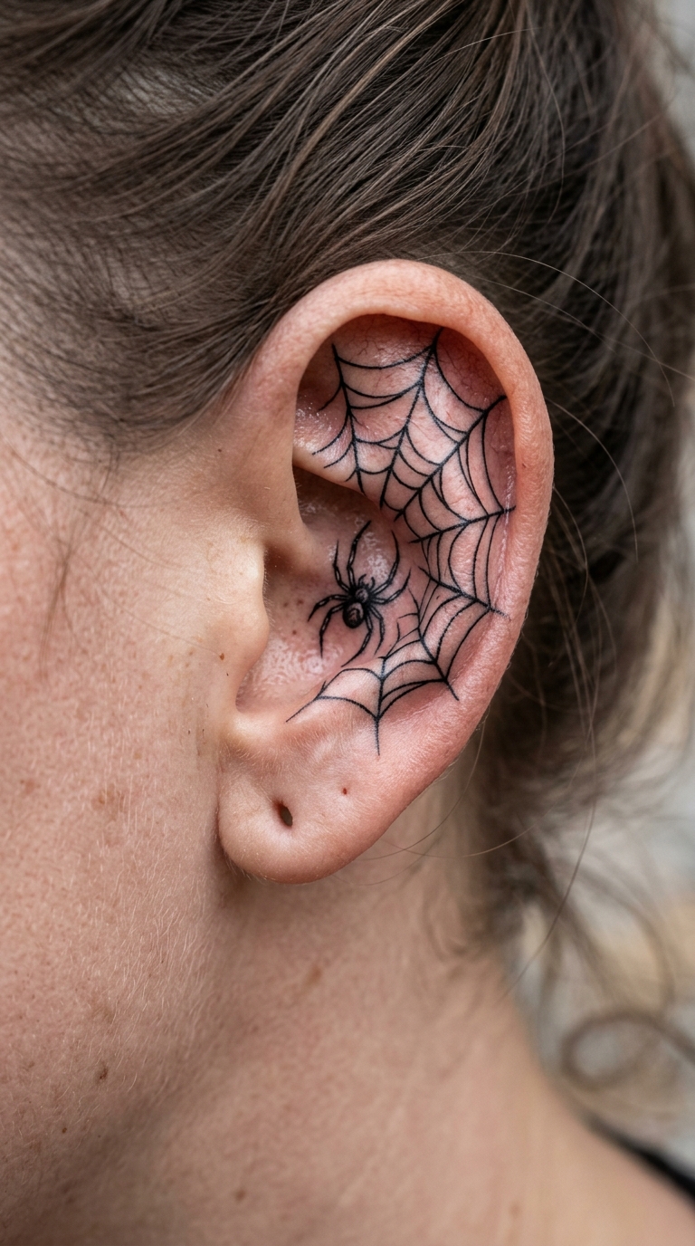 Spinne im Netz als Blackwork Tattoo für das Ohr