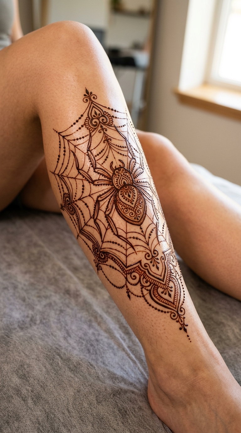 Spinne im Netz als filigrane Henna Tattoo Idee für das Bein