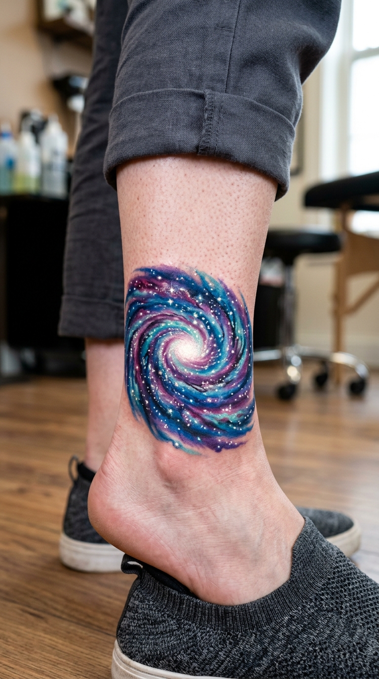 Spiralgalaxie als 3D Tattoo Design für den Knöchel