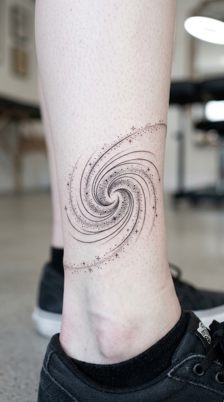 Spiralgalaxie als feines Fineline Tattoo am Knöchel
