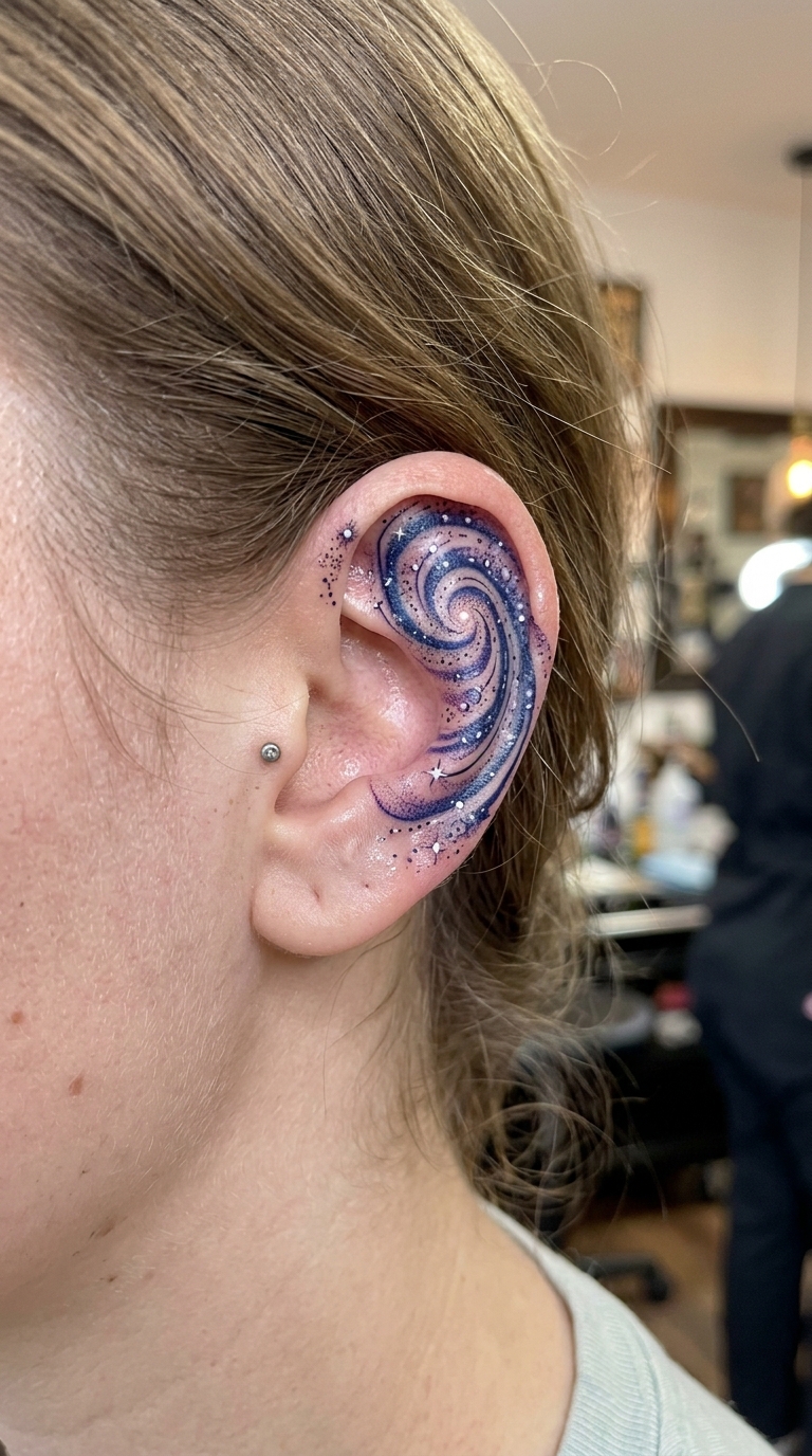 Spiralgalaxie Tattoo Idee für das Ohr