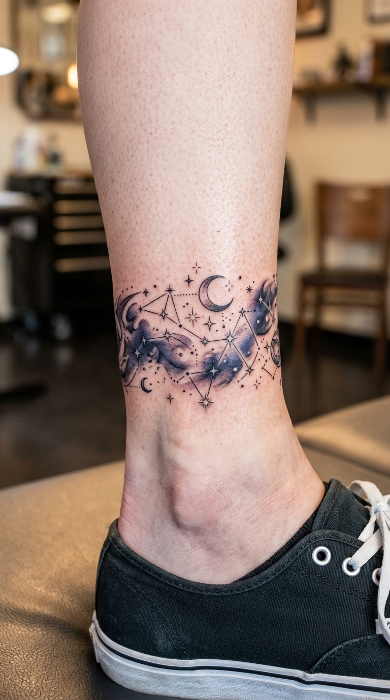 Sternenbild mit Himmelsmechanik als mystisches Tattoo für den Knöchel