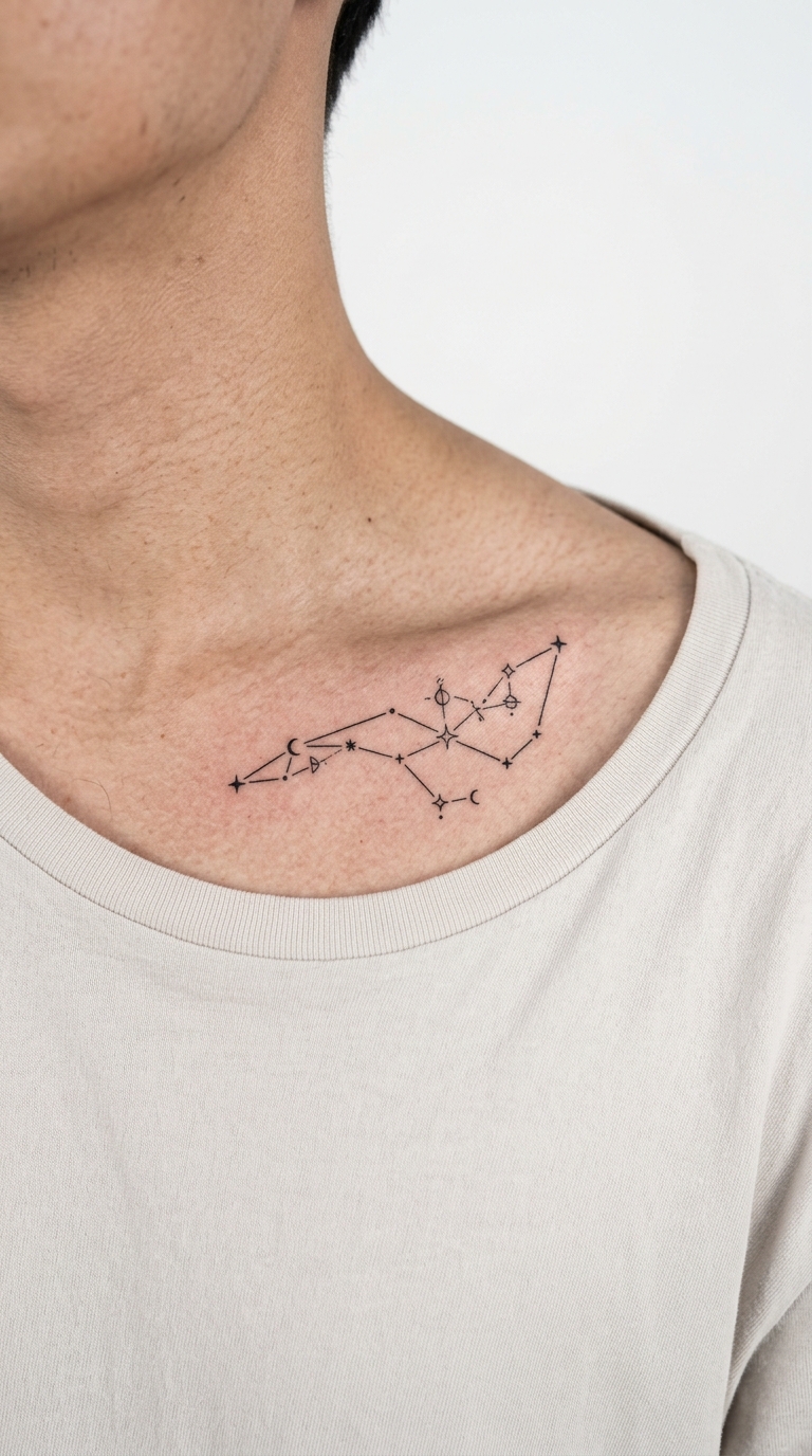 Sternenhimmel als grafisches Symbol Tattoo für das Schlüsselbein