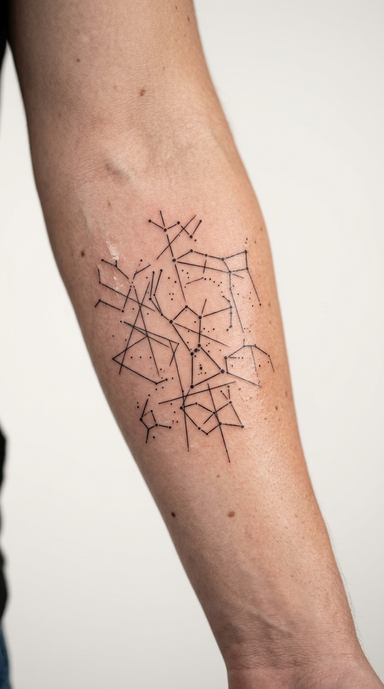 Sternenkarte als kreuz und quer Tattoo auf der Unterlippe